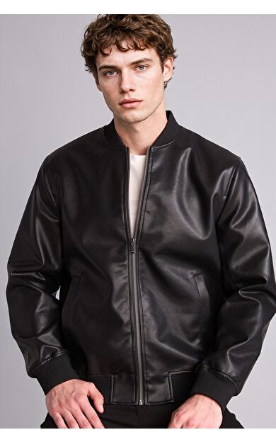 DeFacto Slim Fit Kolej Yaka Ribanalı Suni Deri Bomber Mont