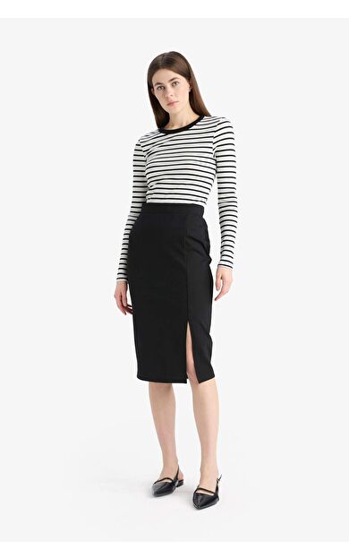 Basic Düz Normal Bel Yırtmaçlı Midi Kalem Etek