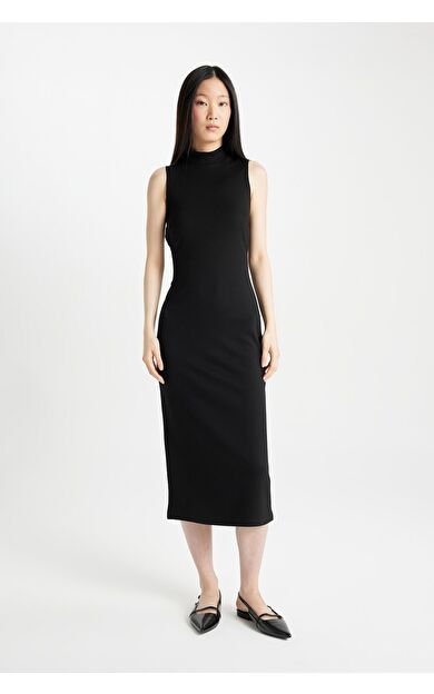 DeFacto DeFactoFit Bodycon Yarım Balıkçı Yaka Siyah Kolsuz Midi Elbise
