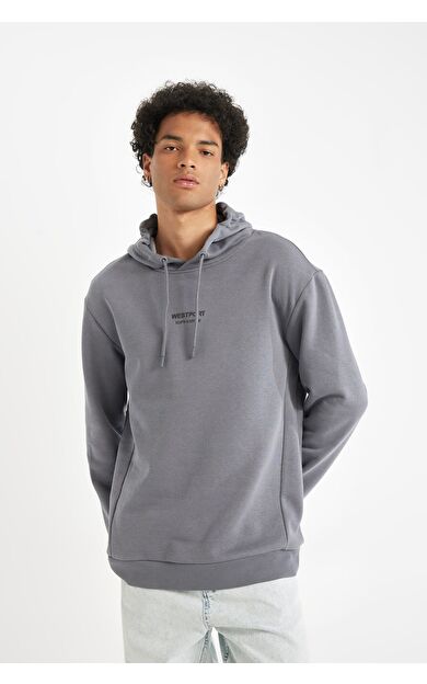 DeFacto DeFactoFit Relax Fit Baskılı Kapüşonlu Kalın Sweatshirt