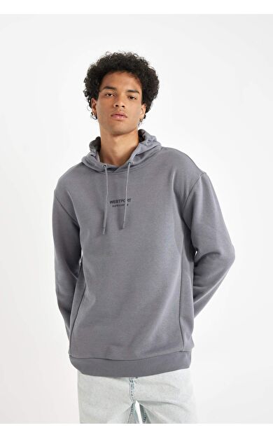 DeFacto DeFactoFit Relax Fit Baskılı Kapüşonlu Kalın Sweatshirt