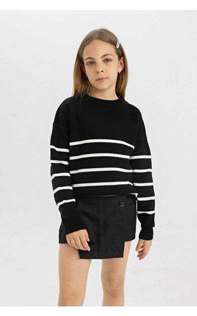 DeFacto DeFactoFit Kız Çocuk Çizgili Bisiklet Yaka Triko Kazak Z0194A624AUBK27