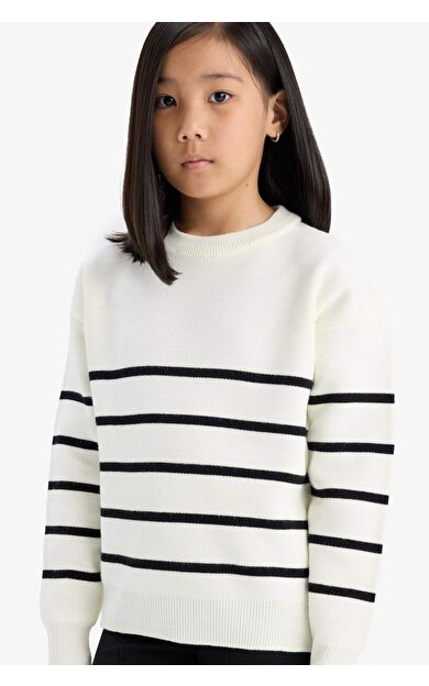 Kız Çocuk Bisiklet Yaka Çizgili Triko Kazak