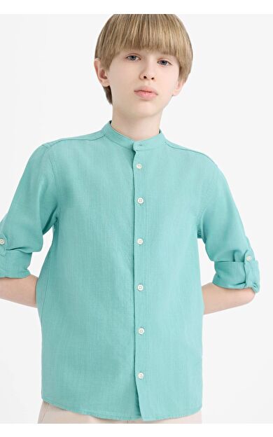 DeFacto Erkek Çocuk Dik Yaka Keten Görünümlü Uzun Kollu Gömlek Z1035A625SMGN1106