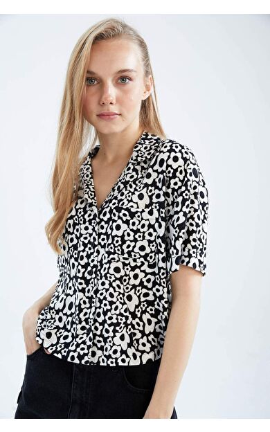 DeFactoFit Coool Regular Fit Pijama Yaka Desenli Kısa Kollu Gömlek