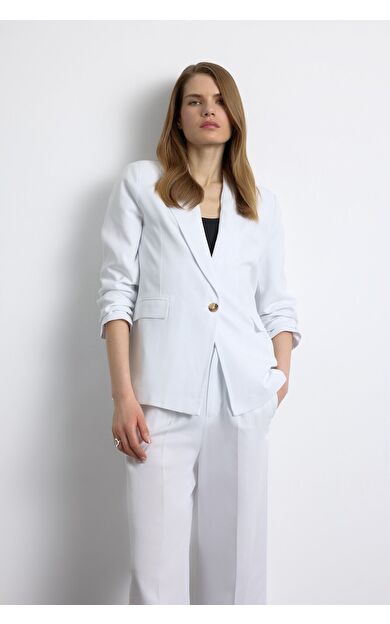 DeFacto Oversize Geniş Kalıp Keten Karışımlı Beyaz  Blazer Ceket
