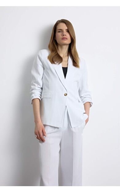 Oversize Geniş Kalıp Keten Karışımlı Beyaz  Blazer Ceket