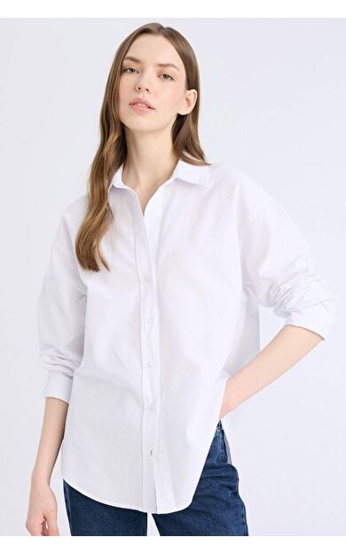 DeFacto Oversize Geniş Kalıp Basic Düz Oxford Uzun Kollu %100 Pamuk Gömlek