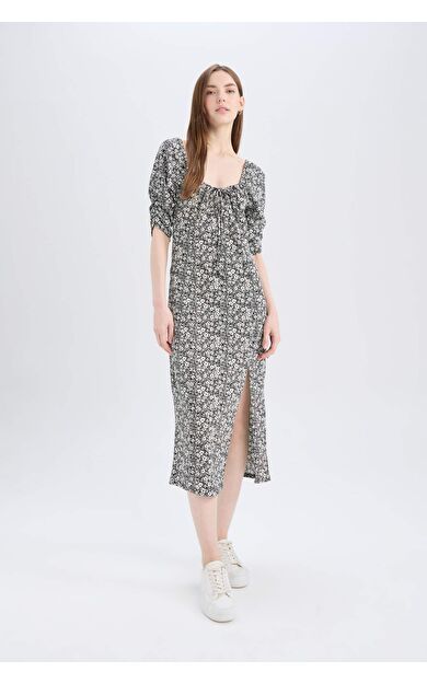 Bodycon Vücudu Saran Kare Yaka Floral Bürümcük Yarım Kol Midi Elbise