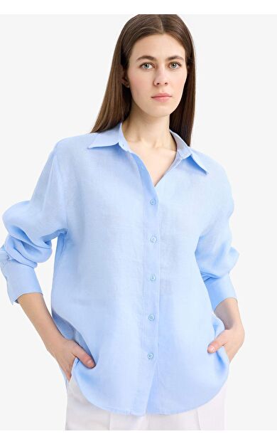 DeFacto Oversize Geniş Kalıp Keten Uzun Kollu Gömlek