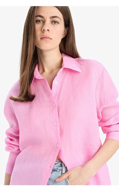 DeFacto Oversize Geniş Kalıp Basic Düz Pembe Keten Uzun Kollu Gömlek
