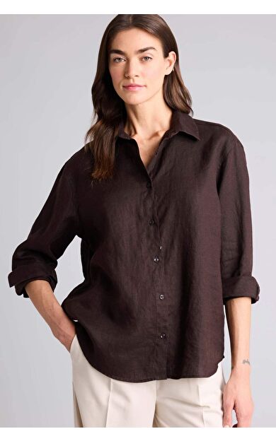 Oversıze Gömlek Yaka Keten Uzun Kollu Gömlek