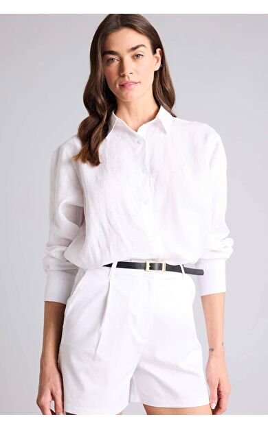 Oversıze Gömlek Yaka Keten Uzun Kollu Gömlek