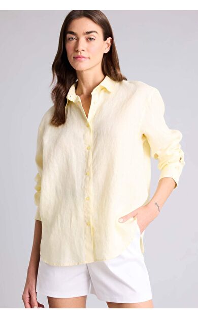 DeFacto Oversıze Gömlek Yaka Keten Uzun Kollu Gömlek