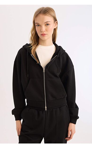 Coool Standart Fit Kapüşonlu Basic Düz Kanguru Cepli Fermuarlı Sweatshirt Z7069AZ25SPBK81