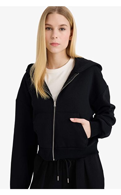 DeFacto Coool Cropped Fit Kapüşonlu Kalın Fermuarlı Sweatshirt Z7069AZ25WNBK81