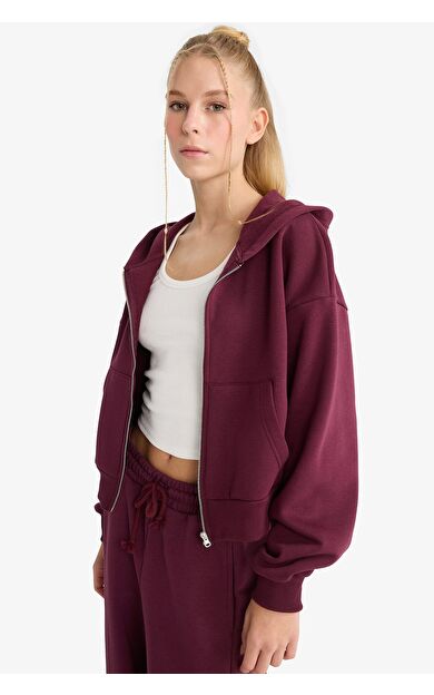 DeFacto Coool Cropped Fit Kapüşonlu Kalın Fermuarlı Sweatshirt Z7069AZ25WNBR232