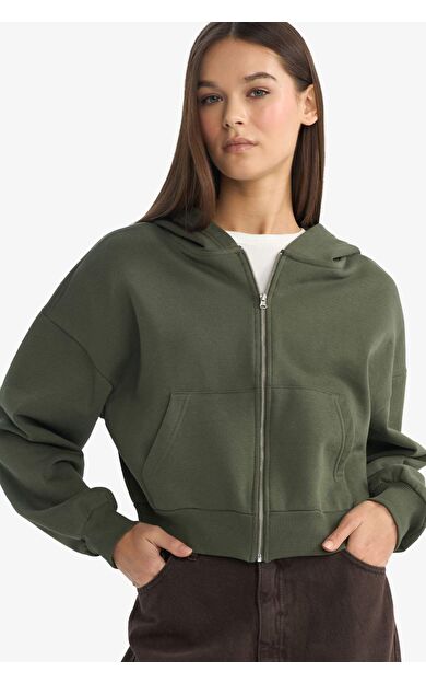 DeFacto Cropped Fit Kapüşonlu Kalın Fermuarlı Sweatshirt