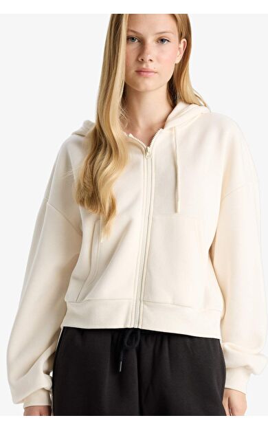 Coool Cropped Fit Kapüşonlu Kalın Fermuarlı Sweatshirt Z7069AZ25WNWT32