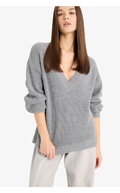 Oversize Geniş Kalıp V Yaka Triko Kazak Z7135AZ25WNGR90