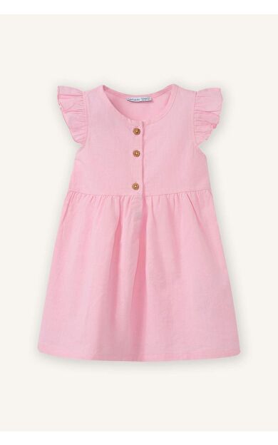 Basıc Düz Kısa Kollu Flamlı Poplin Elbise Kız Bebek