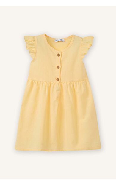 Basıc Düz Kısa Kollu Flamlı Poplin Elbise Kız Bebek
