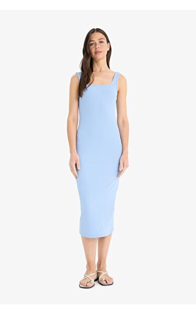 DeFacto Bodycon Vücudu Saran Kare Yaka Fitilli Kaşkorse Askılı Midi Elbise