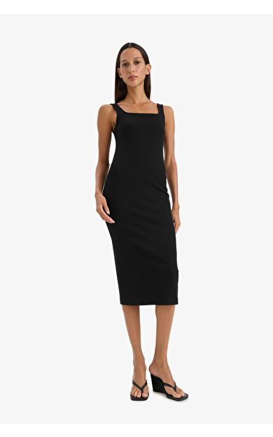Bodycon Vücudu Saran Kare Yaka Basic Düz Fitilli Kaşkorse Askılı Midi Siyah Elbise