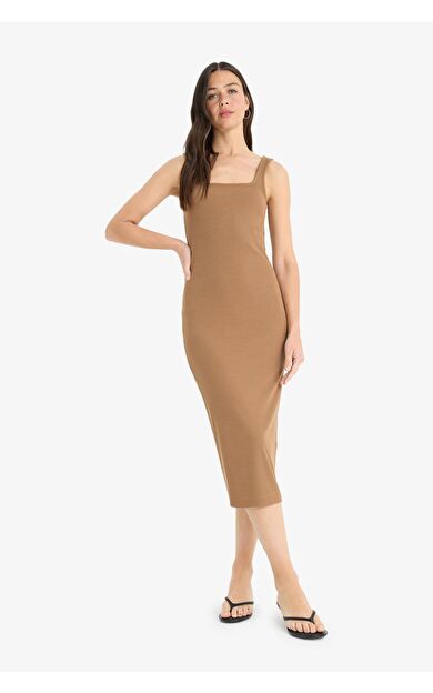 DeFacto Bodycon Vücudu Saran Kare Yaka Fitilli Kaşkorse Askılı Midi Elbise