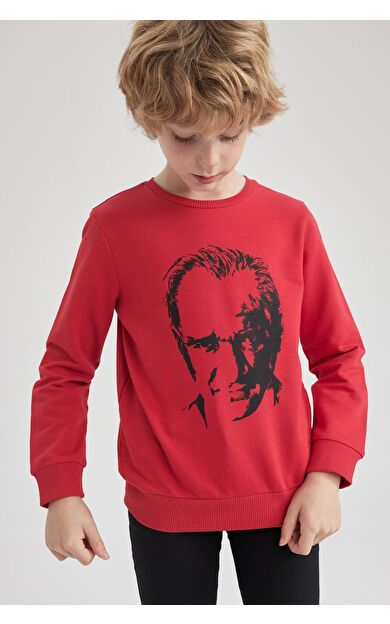 DeFacto Erkek Çocuk Atatürk Baskılı Bisiklet Yaka Sweatshirt Kırmızı