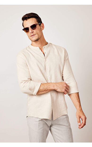 DeFacto Modern Fit Hakim Yaka %100 Keten Uzun Kollu Gömlek
