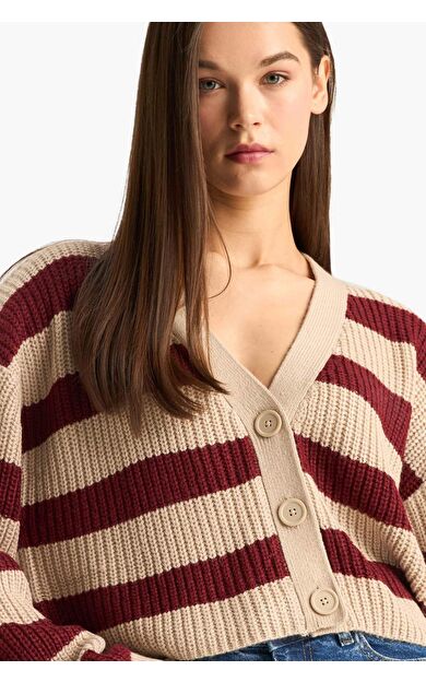 DeFacto Regular Fit V Yaka Çizgili Triko Hırka