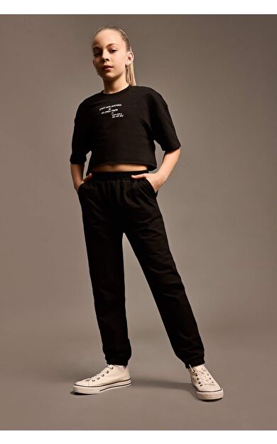 DeFacto Kız Çocuk 2'li Takım Bisiklet Yaka Baskılı Kısa Kollu Tişört Beli Paçası Lastikli Eşofman Altı