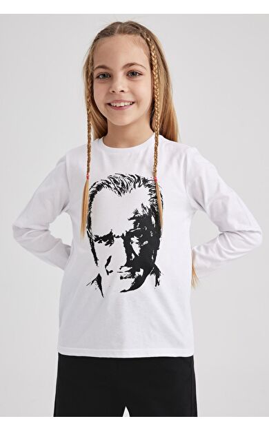 DeFacto Kız Çocuk Atatürk Baskılı Uzun Kollu Tişört Beyaz