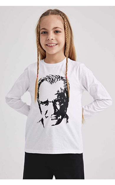 DeFacto Kız Çocuk Atatürk Baskılı Uzun Kollu Tişört Beyaz