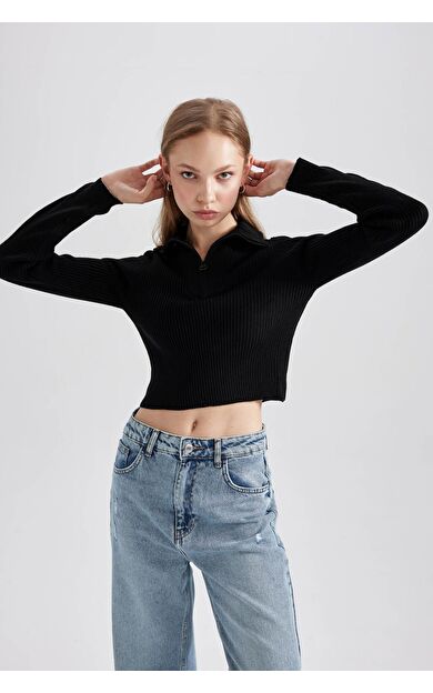 DeFacto Slim Fit Dik Yaka Yarım Fermuarlı Basic Kazak