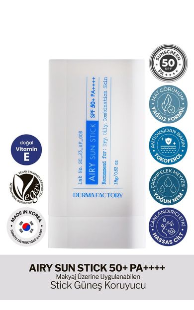 Yağlı ve Karma Ciltler İçin Mat Stick Güneş Koruyucu Derma Factory Airy Sun Stick SPF 50+ PA++++
