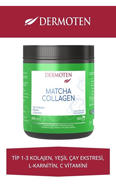 Dermoten Matcha Collagen (Tip I &amp; Tip III Kolajen, Matcha, L-Karnitin) 300 G