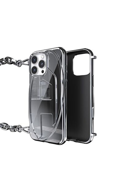 Diesel iPhone 16 Pro Max Uyumlu Oval D Parlak Zincirli Kılıf - Gümüş