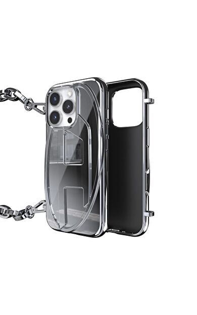 Diesel iPhone 16 Pro Uyumlu Oval D Parlak Zincirli Kılıf - Gümüş