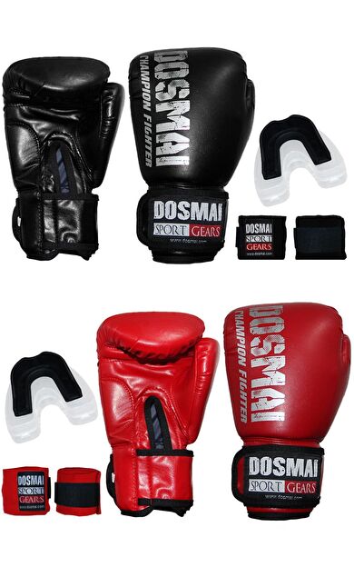 DO-SMAI Couple Çift Boks Eldiveni Boks Dişlik Boks Bandaj Seti Çift Paketi - Siyah-Kırmızı