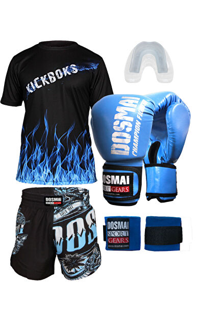 DO-SMAI Boks Kick Boks Muay Thai Rhaegal Boks Seti Boks Eldiveni Spor T-Shirt Şort Takımı Başlangıç Paketi - Mavi
