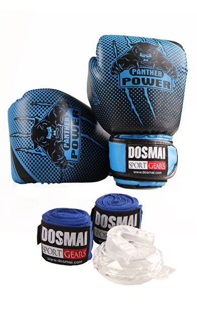 DO-SMAI Panther Boks Seti – Eldiven + Dişlik + Bandaj | Yumruklarının Rengi Var! - Mavi