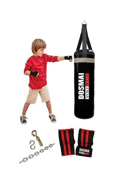 DO-SMAI Kum Torbası 60*20 Cm Bandajlı Eldiven Ikili Çocuk Boks Seti Çbs992 - Siyah