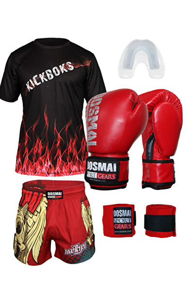 DO-SMAI Boks Kick Boks Muay Thai Rhaegal Boks Seti Boks Eldiveni Spor T-Shirt Şort Takımı Başlangıç Paketi - Kırmızı
