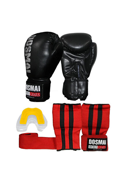 DO-SMAI Üçlü Boks Kick Boks Muay Thai Eldiveni Bandajlı Eldiven Ve Dişlik Seti Kmp995 - Siyah