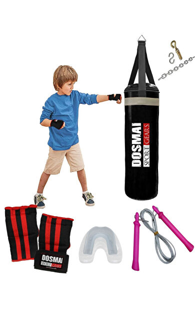 DO-SMAI Kum Torbası 80*25 Cm Bandajlı Eldiven Atlama Ipi Dişlik Dörtlü Boks Seti Bks991 - Siyah