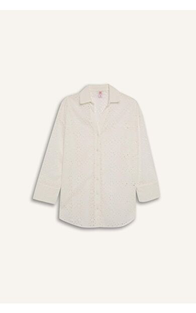 DeFactoFit Fall in Love Pamuklu Delik İşlemeli Beyaz Plaj Gömleği