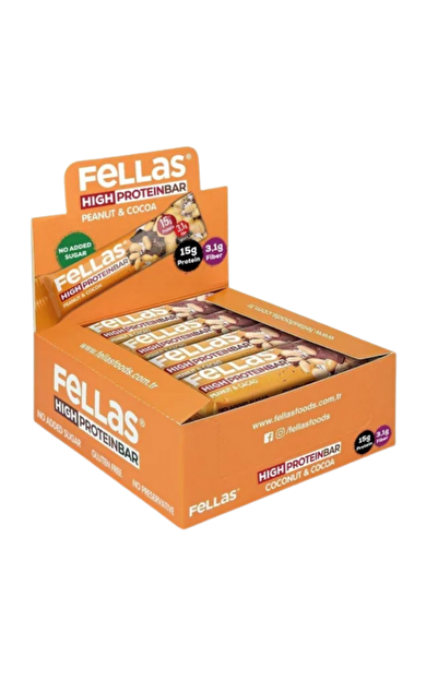 FELLAS Yüksek Protein Bar Yer Fıstıklı ve Kakaolu 45g x 12 Adet