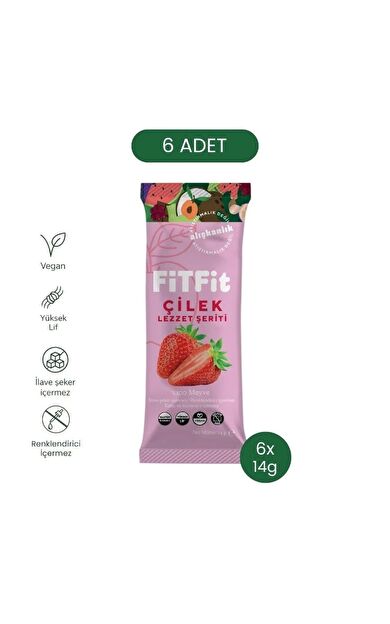 FiTFit Çilek Lezzet Şeriti | Doğal Meyve Pestili Şekersiz Sağlıklı Atıştırmalık 14 gr x 6 ADET